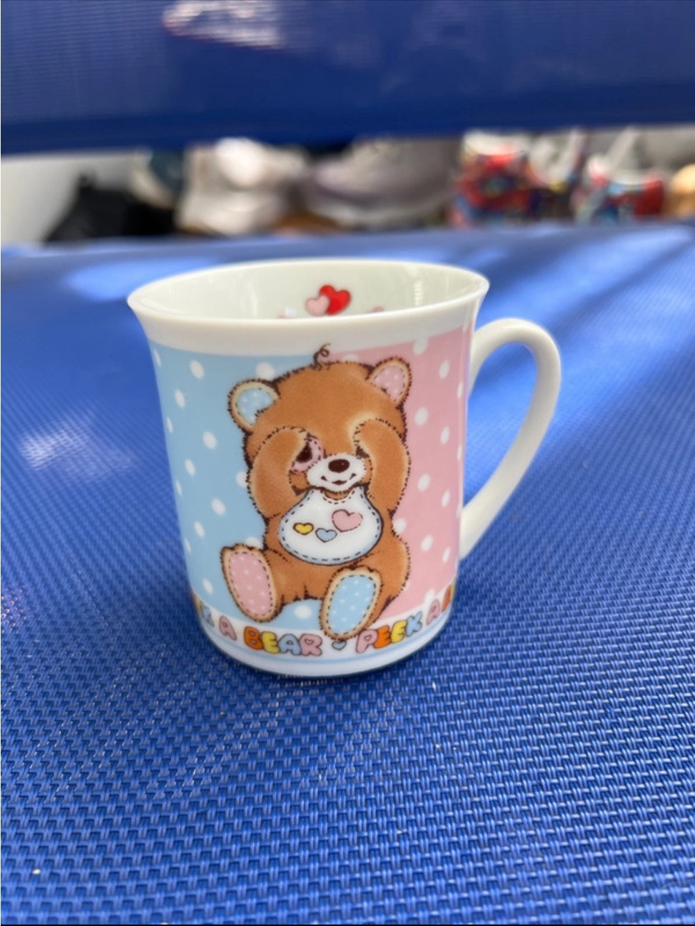 Enesco Brown Bear Ceramic Cup with Blue and Pink Panels vintage